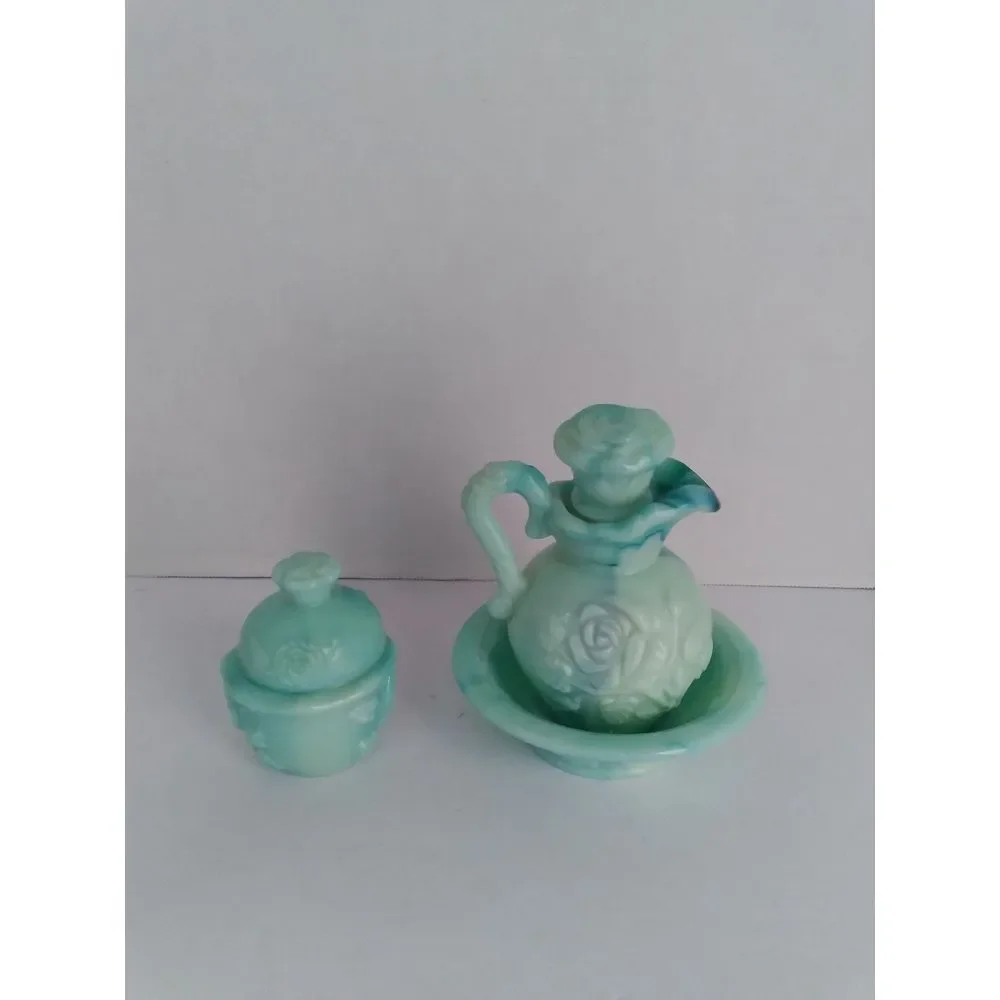 Vintage Avon Mint Green Glass Bathroom Set‎ with Rose Pattern Vanity Accessories